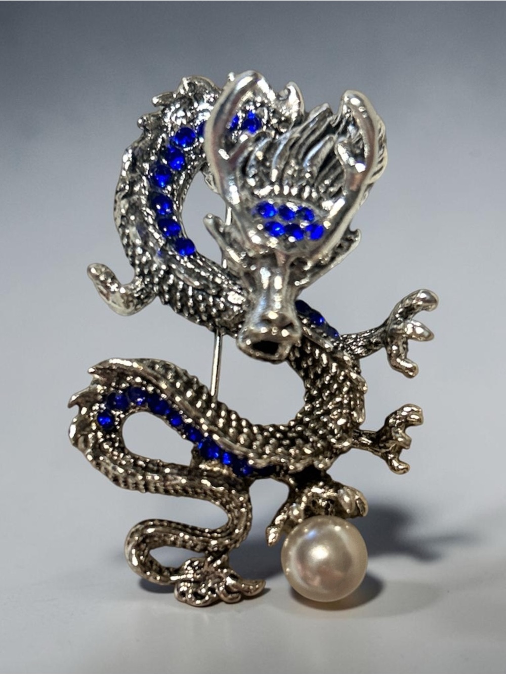 Silver Dragon Brooch with Blue Crystals and Pearl